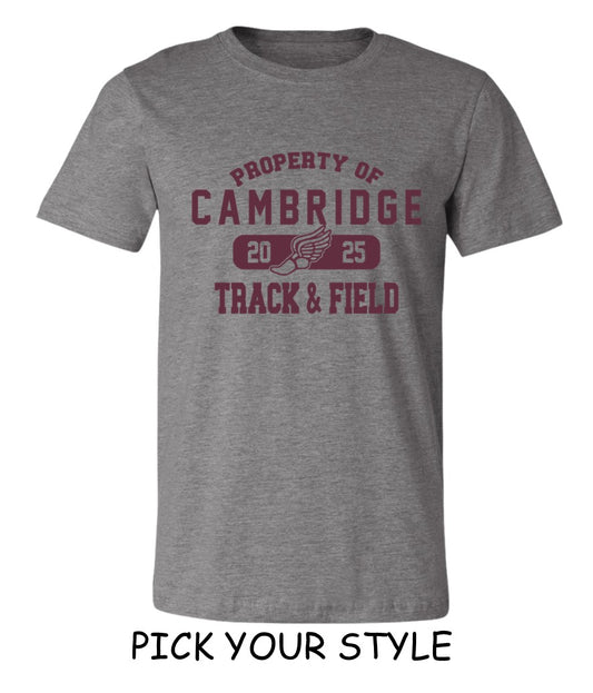Cambridge Track and Field - Property of on Dark Heather Grey